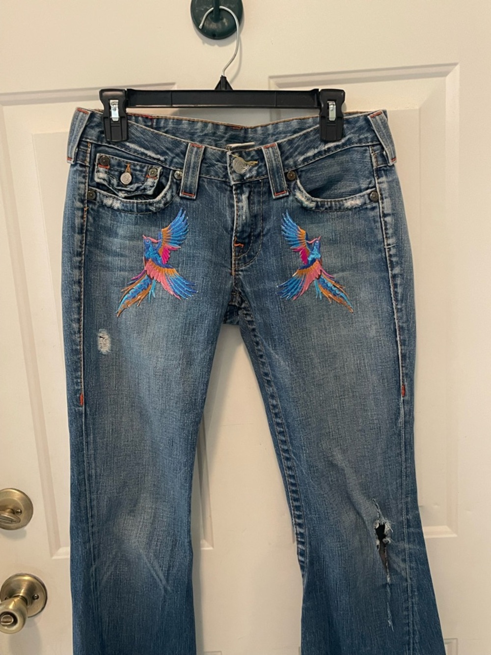 True Religion Blue Denim Boot-Cut Jeans with Colorful Bird Embroidery